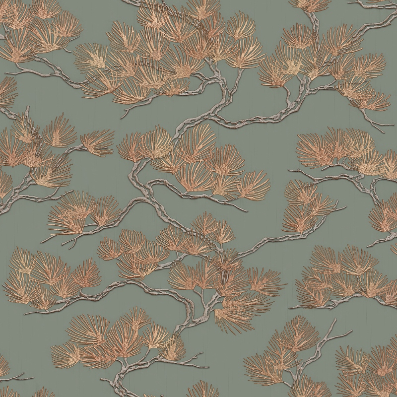 Wall Fabric Sage Gold Pine Tree Feature Wallpaper