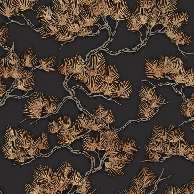 Wall Fabric Black Gold Pine Tree Feature Wallpaper