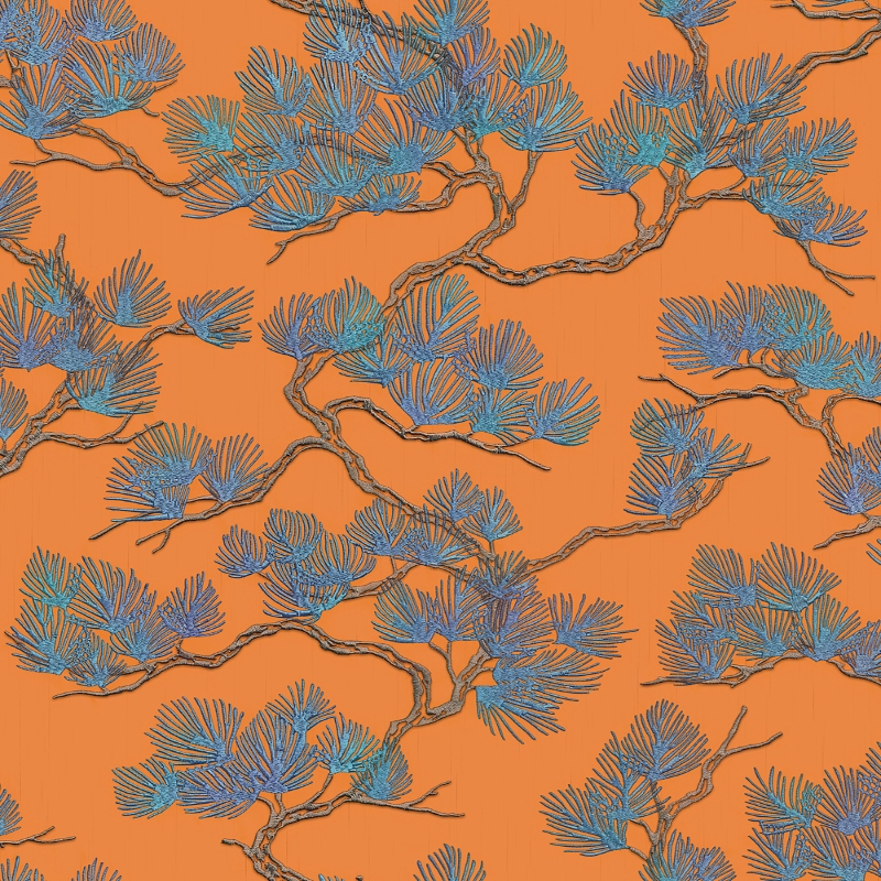 Wall Fabric Orange Blue Pine Tree Feature Wallpaper