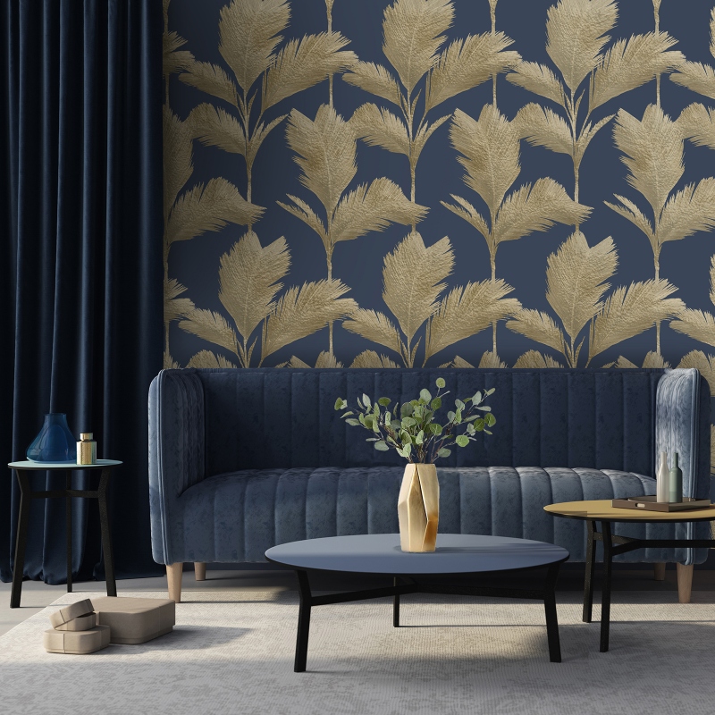 Alessia Gold Leaf Navy Feature Wallpaper