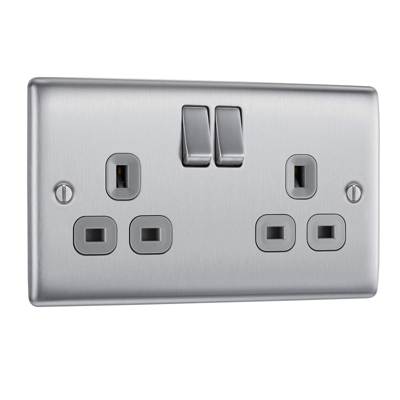 Brushed Steel Double Switched 13A Power Socket