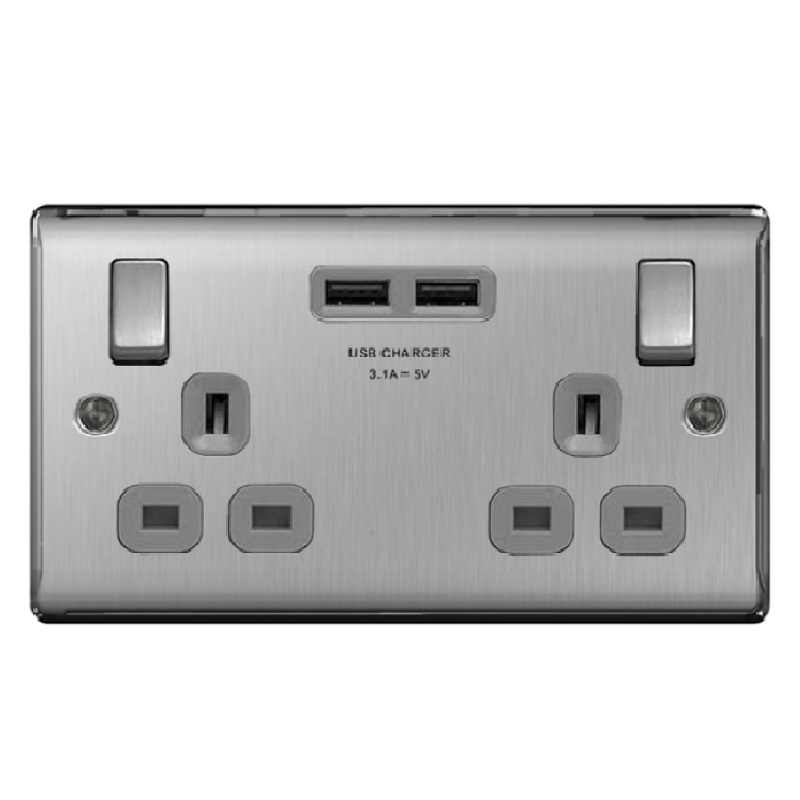 Brushed Steel Double Switched 13A Power Socket + 2x USB (3.1A)