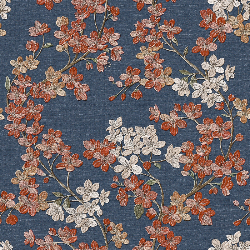 Grace Cherry Blossom Floral Blue Copper Wallpaper