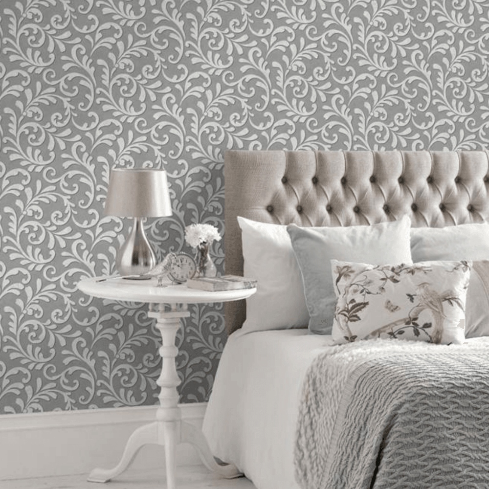 Ornamental Silver Grey Sequin Floral Heavyweight Wallpaper