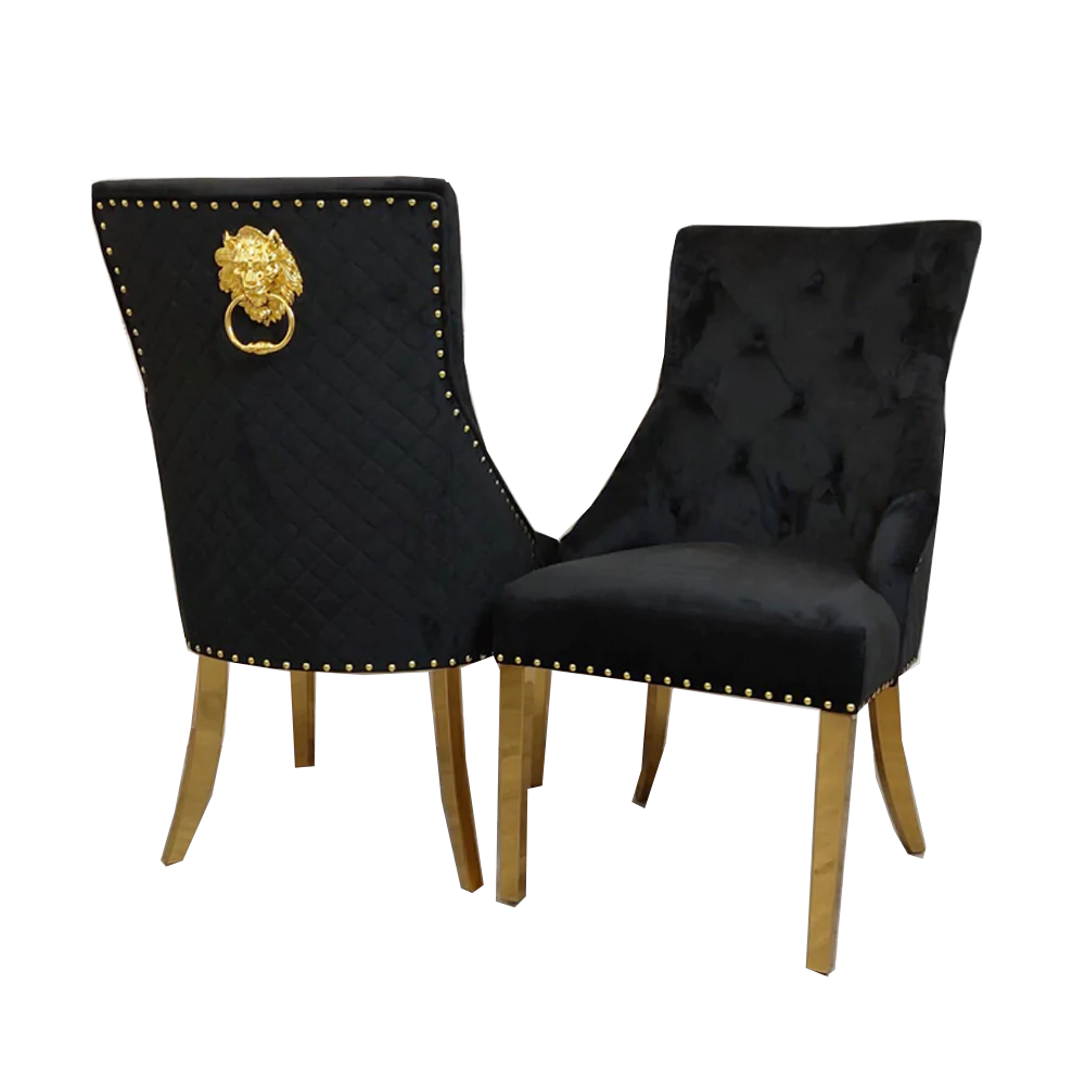 Black Velvet Dining Chair With Lion Knocker & Quilted Back Bentley