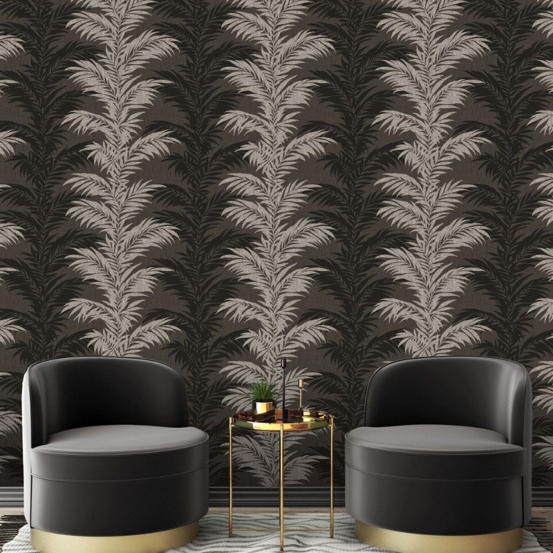 Aria Fern Black Silver Wallpaper