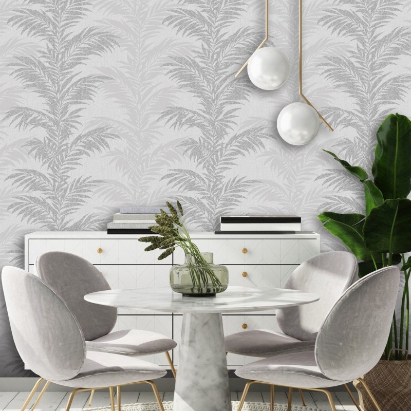Aria Fern Grey Silver Wallpaper