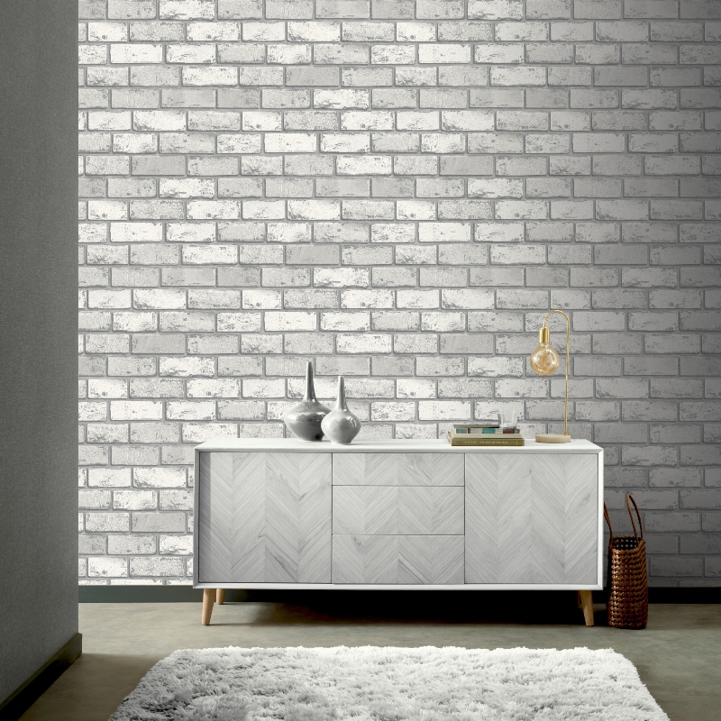 Brick Effect Metallic White Wallpaper