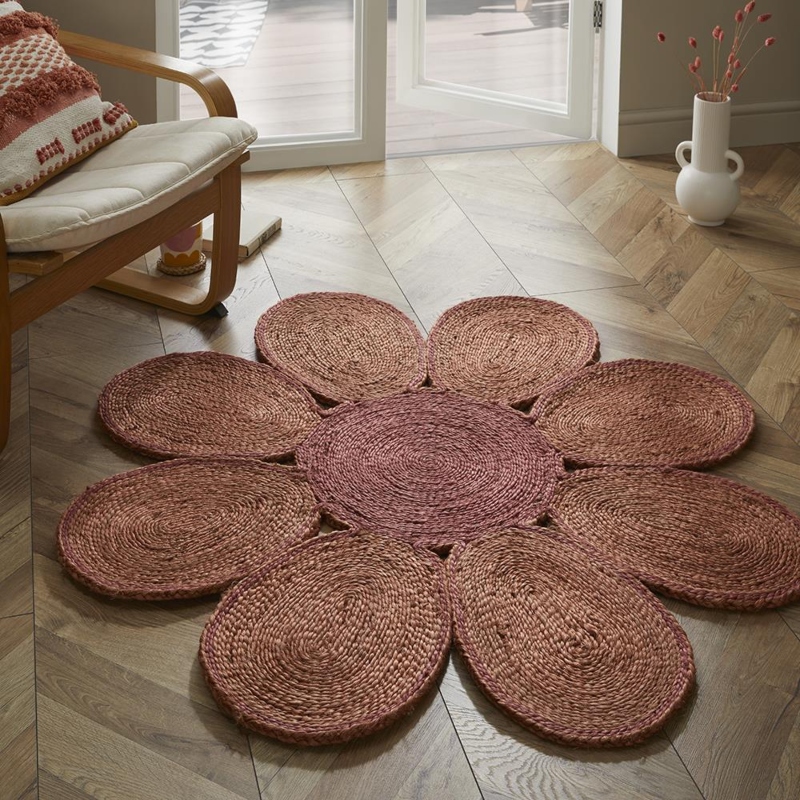 Naturelle Spinningfields Pink Single Flower Jute Carpet Rug