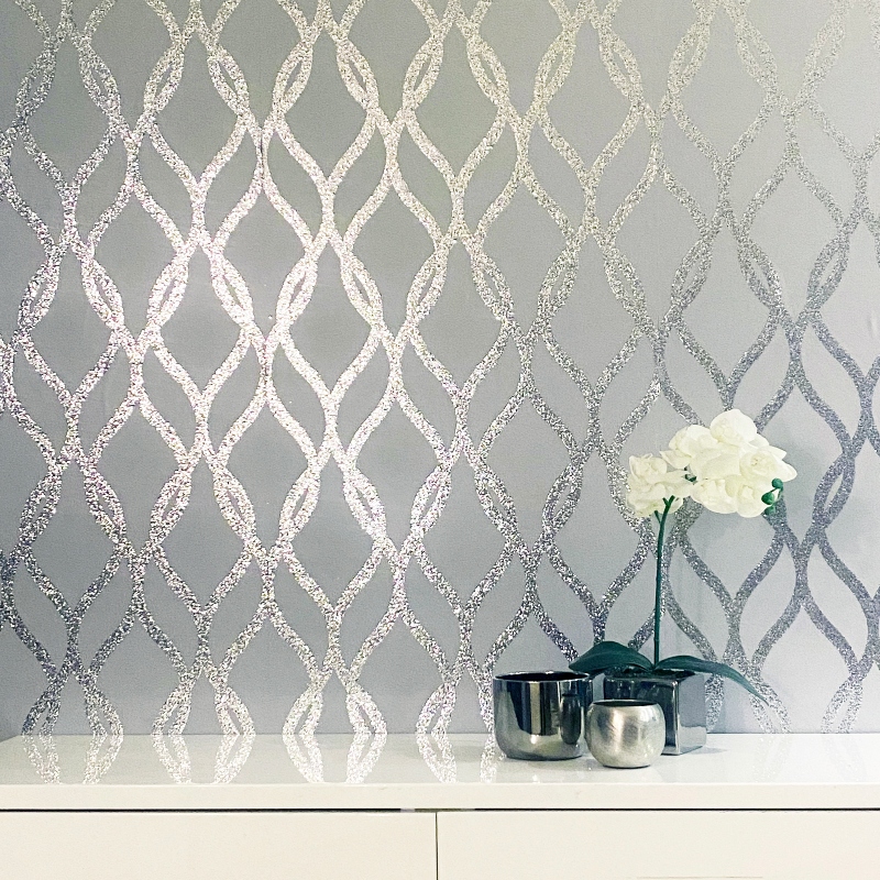 Sequin Trellis Design Grey Silver Wallpaper