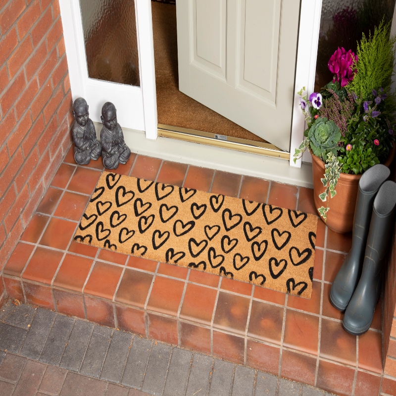 Astley Hand Drawn Hearts Natural Printed PVC Backed Coir Doormat